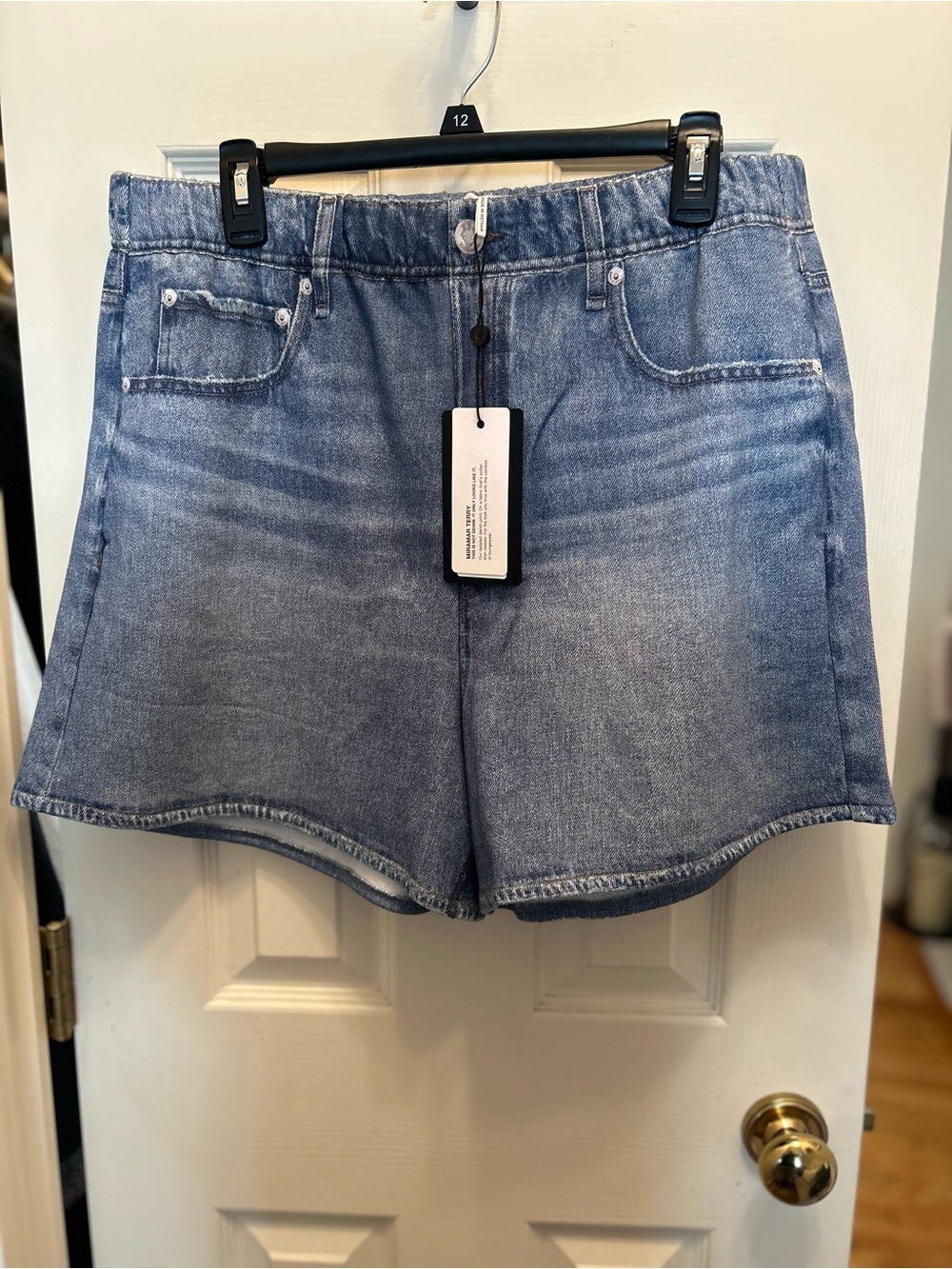 NWT Rag & Bone Miramar Medium Blue Denim PrintedTerry Pull On Shorts. Size XXL.